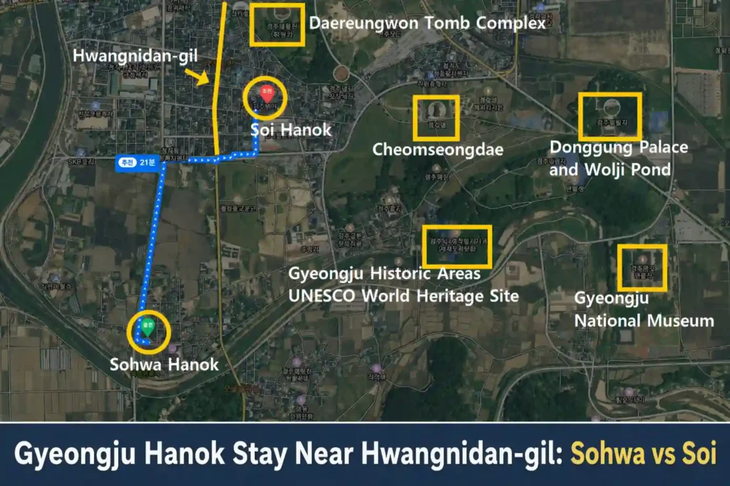 A travel map showing the locations of Sohwa Hanok and Soi Hanok in Gyeongju, along with Hwangnidan-gil, Daereungwon, Cheomseongdae, Donggung Palace and Wolji Pond, and Gyeongju National Museum