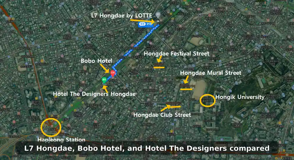 Map showing the locations of three hotels in Hongdae, nearby streets, Hongik University, and Hapjeong Station