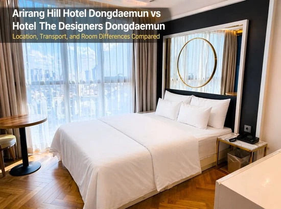 Bright guest room at Hotel The Designers Dongdaemun with a large bed, sheer curtains, a mirror headboard, and soft daylight coming through the window.