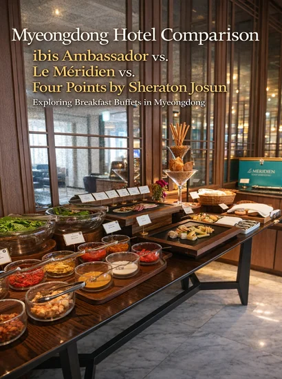 Breakfast buffet at ibis Ambassador Seoul Myeongdong with fresh salads, breads, and small dishes arranged in a warm dining space