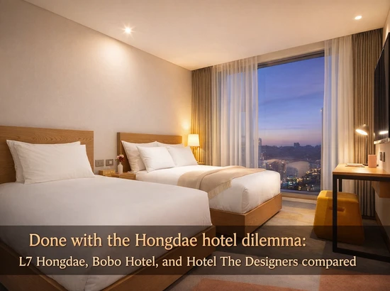 Hongdae hotel room with twin beds, warm lighting, and a city view through a large window
