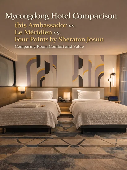 Le Méridien Seoul Myeongdong room with twin beds, warm lighting, and a modern interior featured in a Myeongdong hotel comparison