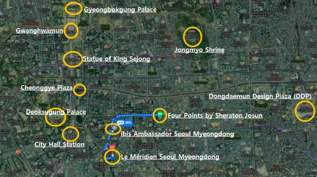 Myeongdong hotel comparison map showing ibis Ambassador Seoul Myeongdong, Le Méridien Seoul Myeongdong, Four Points by Sheraton Josun, and nearby landmarks such as Gyeongbokgung Palace, Gwanghwamun, Deoksugung Palace, Jongmyo Shrine, and Dongdaemun Design Plaza