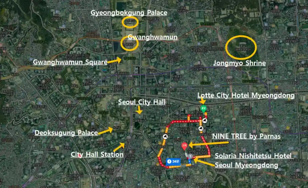 Myeongdong hotel location comparison map showing Lotte City Hotel Myeongdong, NINE TREE by Parnas, Solaria Nishitetsu Hotel Seoul Myeongdong, and nearby landmarks in central Seoul