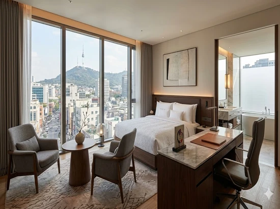 Guest room at NINE TREE HOTEL MYEONGDONG with a city view, seating area, desk, and large window