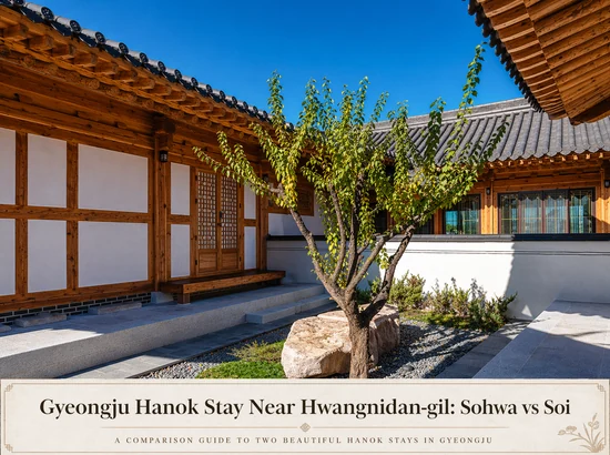 Courtyard view at Soi Hanok in Gyeongju, showing the traditional wooden guest room exterior and a tree set in the center of the calm outdoor space