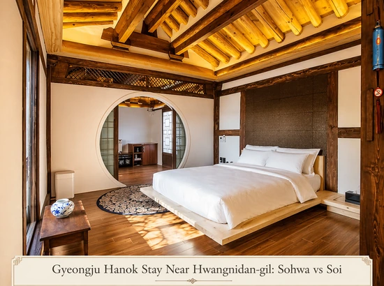 Interior room at Soi Hanok in Gyeongju, featuring a neatly made bed, exposed wooden beams, warm lighting, and a traditional circular doorway