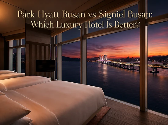 Park Hyatt Busan guest room with a view of Gwangan Bridge at sunset