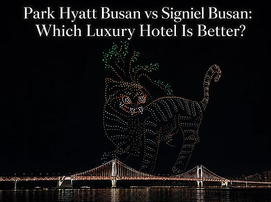 Night drone show over Gwangan Bridge in Busan for the Park Hyatt Busan vs Signiel Busan hotel comparison