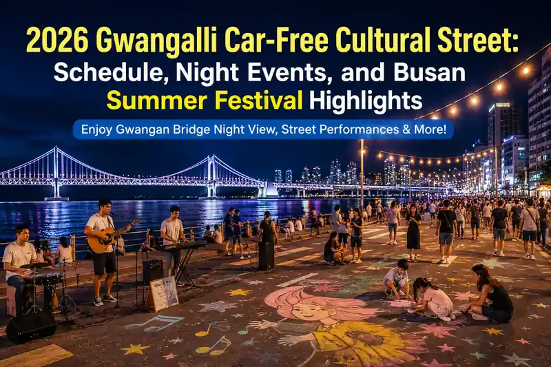 Visitors enjoying street performances and the illuminated Gwangan Bridge at the 2026 Gwangalli Car-Free Cultural Street in Busan.