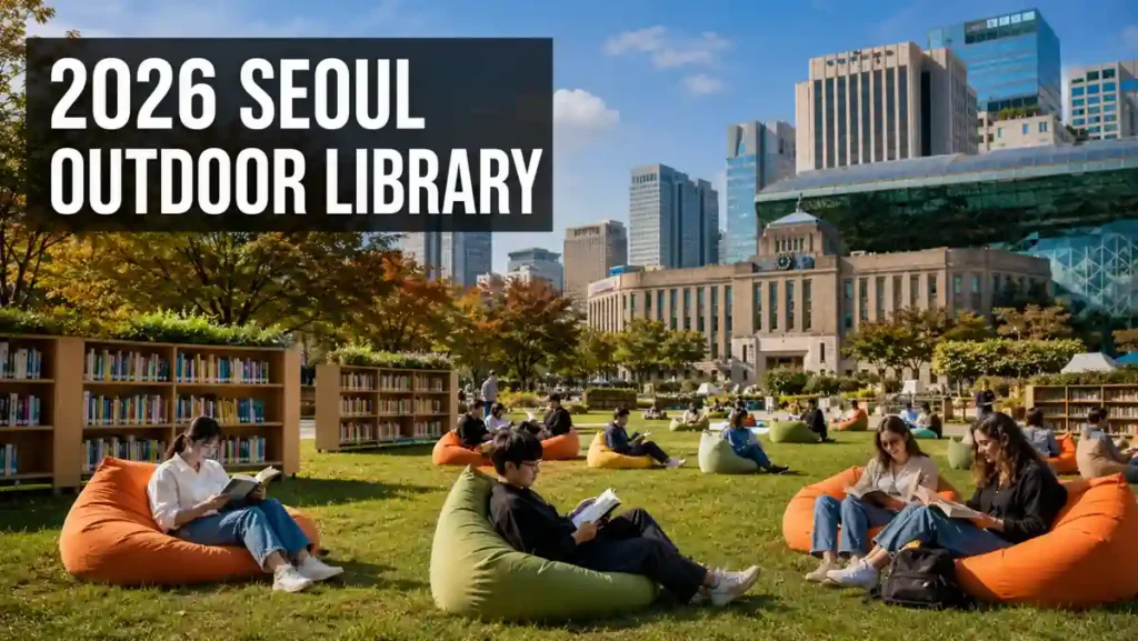 Visitors reading books on colorful beanbags at the 2026 Seoul Outdoor Library in Seoul Plaza.