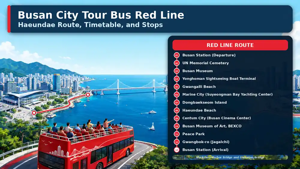 Busan City Tour Bus Red Line route map showing stops from Busan Station to Haeundae Beach
