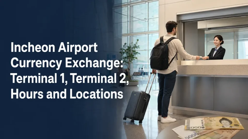 A traveler using an Incheon Airport currency exchange counter in the arrivals hall.