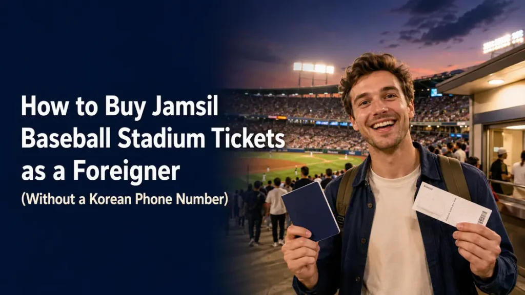 A foreign visitor holding a passport and Jamsil Baseball Stadium tickets before a night game in Seoul.
