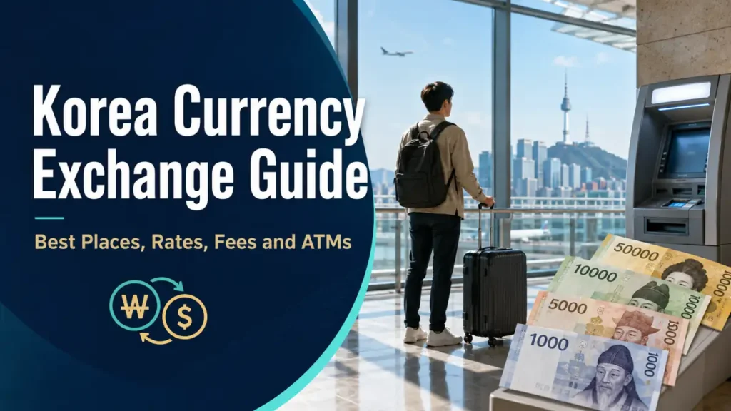 Korea currency exchange guide showing Korean won, an airport ATM, and a traveler at Incheon Airport.