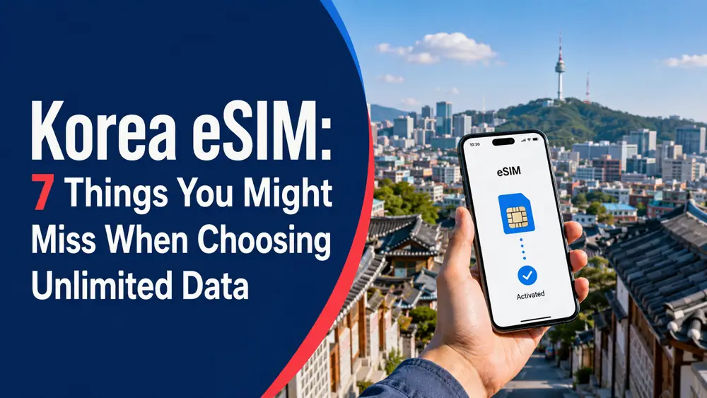 Traveler activating a Korea eSIM on a smartphone with Seoul in the background