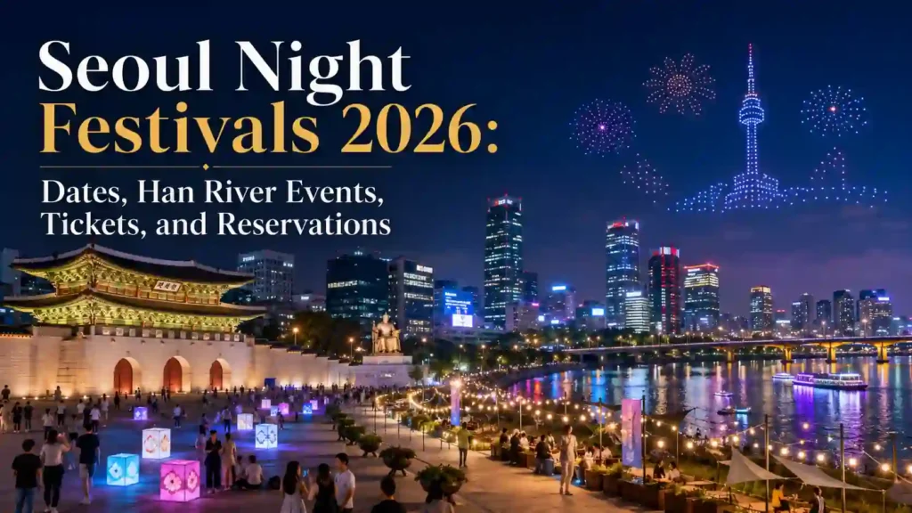 Seoul night festivals 2026 featuring Gwanghwamun, Han River lights, and a nighttime drone show