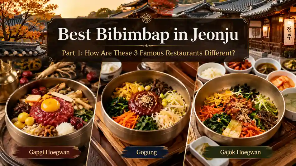 Best bibimbap in Jeonju featuring Gapgi Hoegwan, Gogung, and Gajok Hoegwan with traditional Korean side dishes.