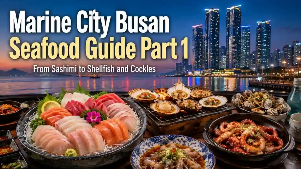 Best seafood in Marine City Busan with sashimi, grilled shellfish, cockles, and spicy octopus by the waterfront.