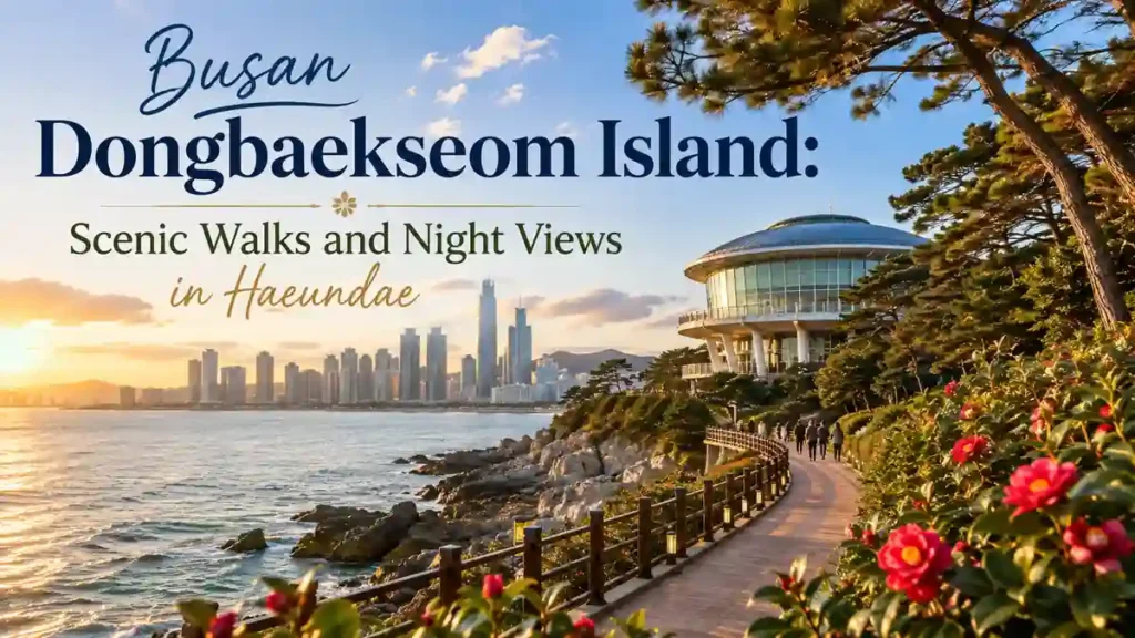 Busan Dongbaekseom Island coastal trail with camellia flowers, Nurimaru APEC House, and Haeundae skyline at sunset