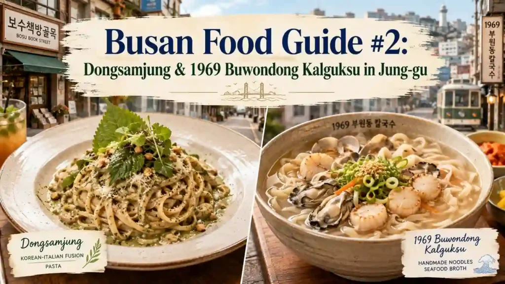 Busan Food in Jung-gu featuring Dongsamjung fusion pasta and seafood kalguksu from 1969 Buwondong Kalguksu