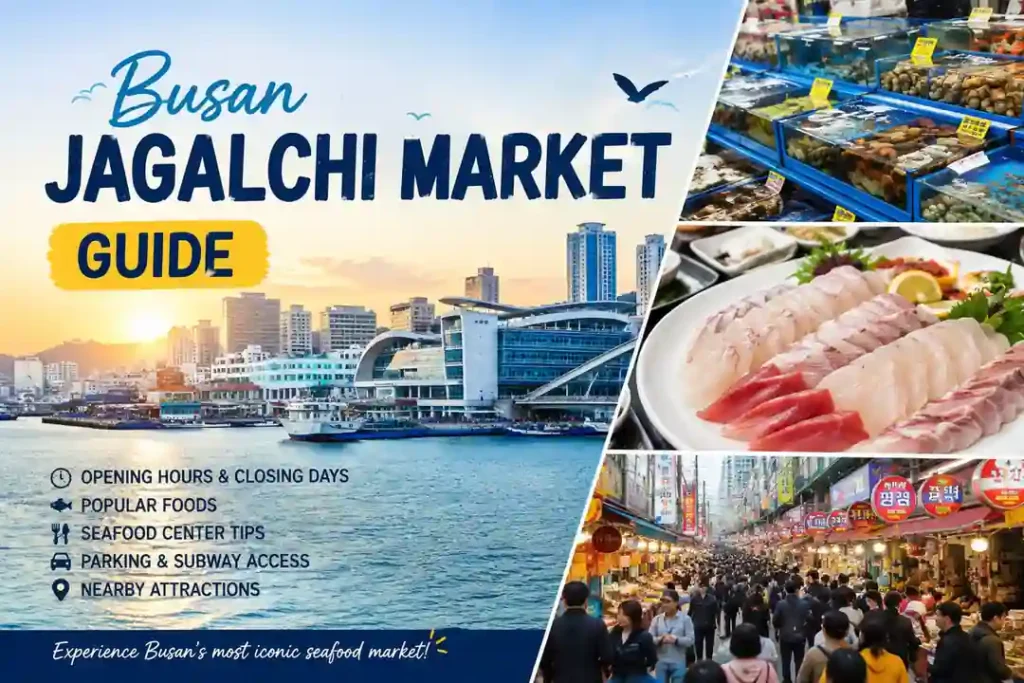 Busan Jagalchi Market with fresh seafood, sashimi, and a lively harbor view