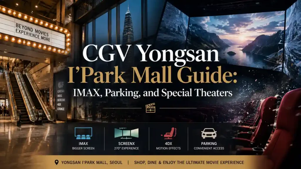 CGV Yongsan I'Park Mall with IMAX, SCREENX, 4DX, and parking information in Seoul.