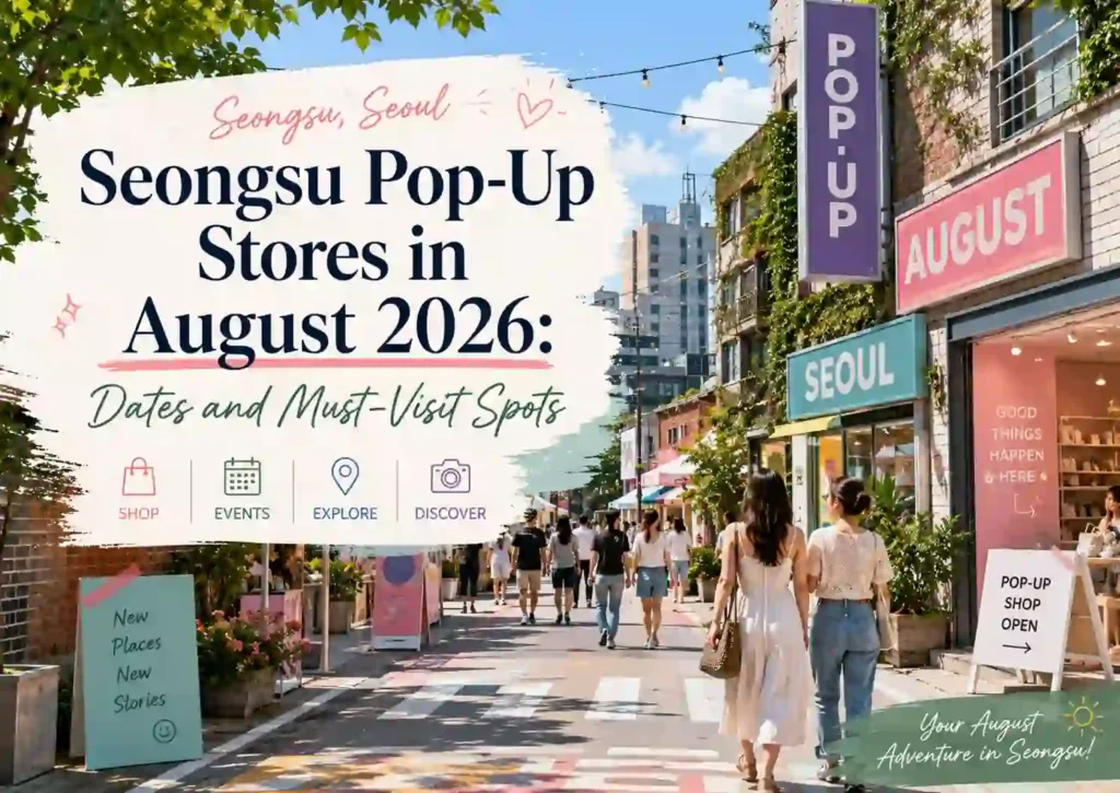 Seongsu pop-up stores in August with colorful storefronts and visitors exploring Seongsu, Seoul.