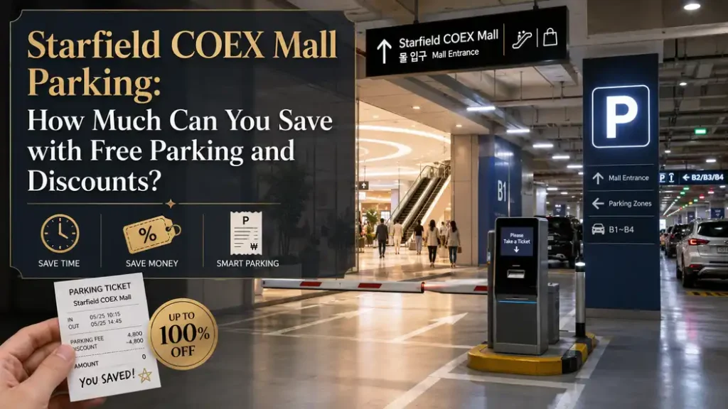 Starfield COEX Mall parking entrance with parking signs, payment machine, and discount information.