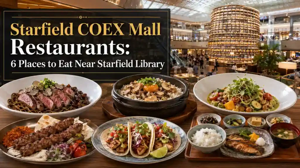 Starfield COEX Mall restaurants near Starfield Library with Korean, vegan, halal, taco, and Japanese dishes.