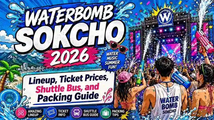 WATERBOMB SOKCHO 2026 comic-style festival image featuring water guns, live music, summer crowds, and splash effects.