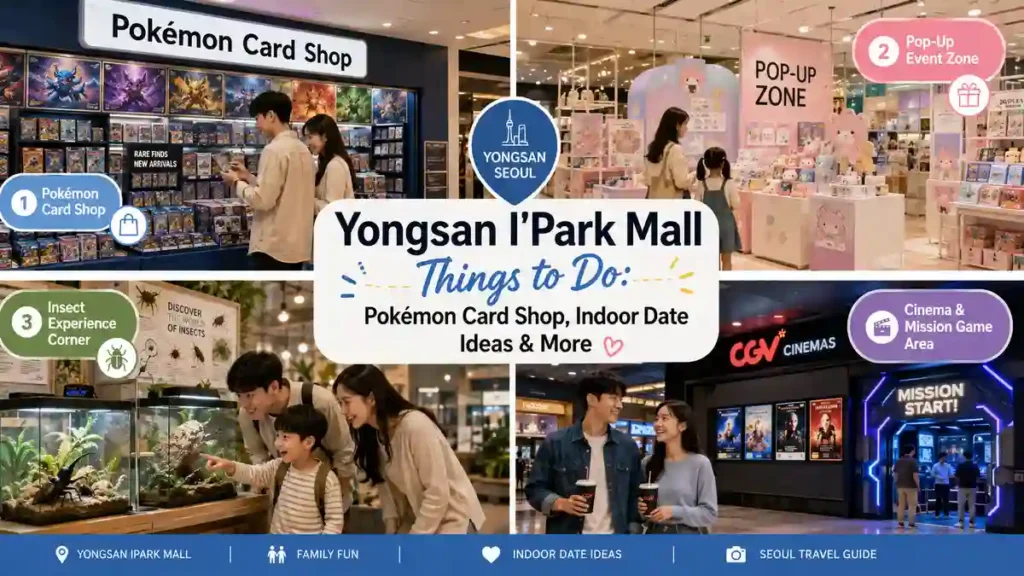 Yongsan I'Park Mall things to do including the Pokémon Card Shop, pop-up stores, CGV, and indoor attractions in Seoul.
