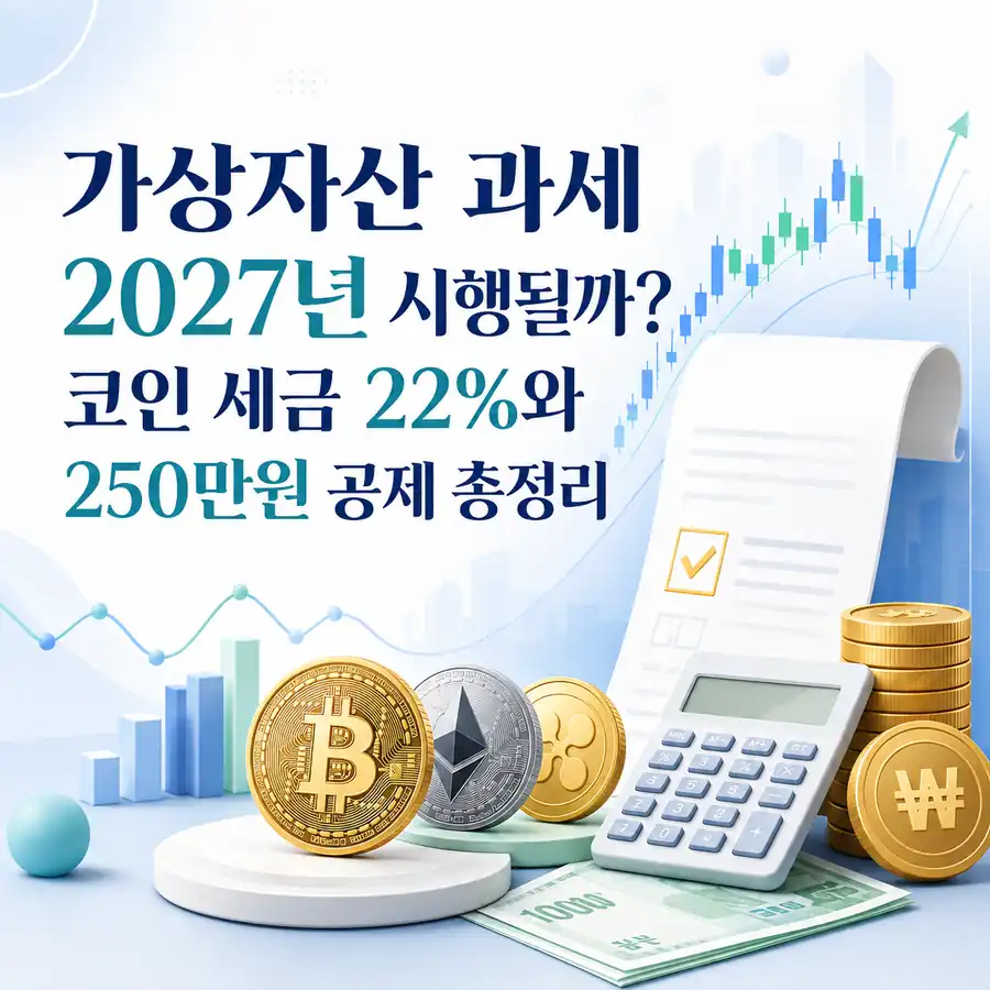 가상자산 과세 2027년 시행과 코인 세금 22%, 250만원 공제를 설명하는 이미지