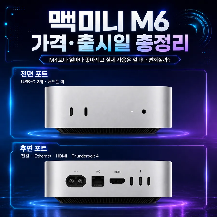 맥미니 M6 전면과 후면 포트 구성, USB-C와 HDMI 연결 단자를 보여주는 이미지