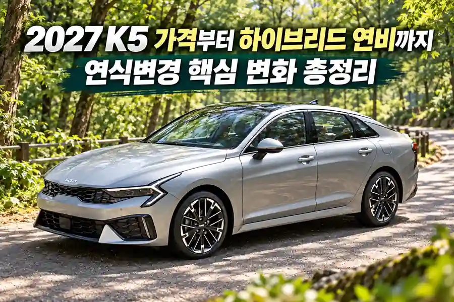숲길 배경의 은색 2027 K5 이미지와 가격, 하이브리드 연비 핵심 변화 제목이 들어간 대표 이미지