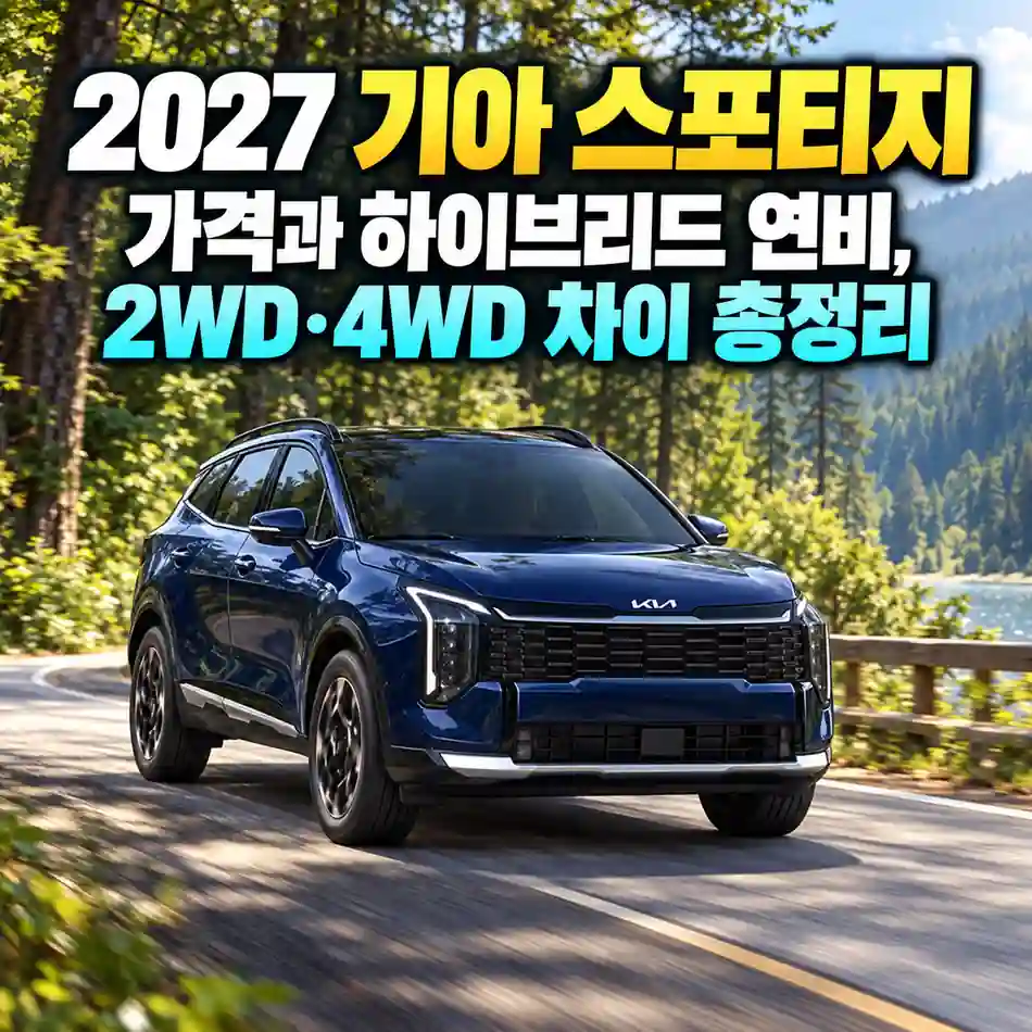 숲길을 달리는 진한 남색 2027 기아 스포티지와 가격, 하이브리드 연비, 2WD·4WD 차이를 안내하는 대표 이미지