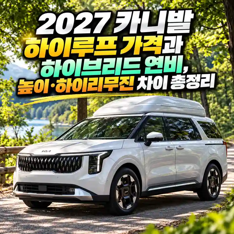 숲길 배경의 은색 2027 카니발 하이루프와 가격, 하이브리드 연비, 하이리무진 차이를 안내하는 대표 이미지