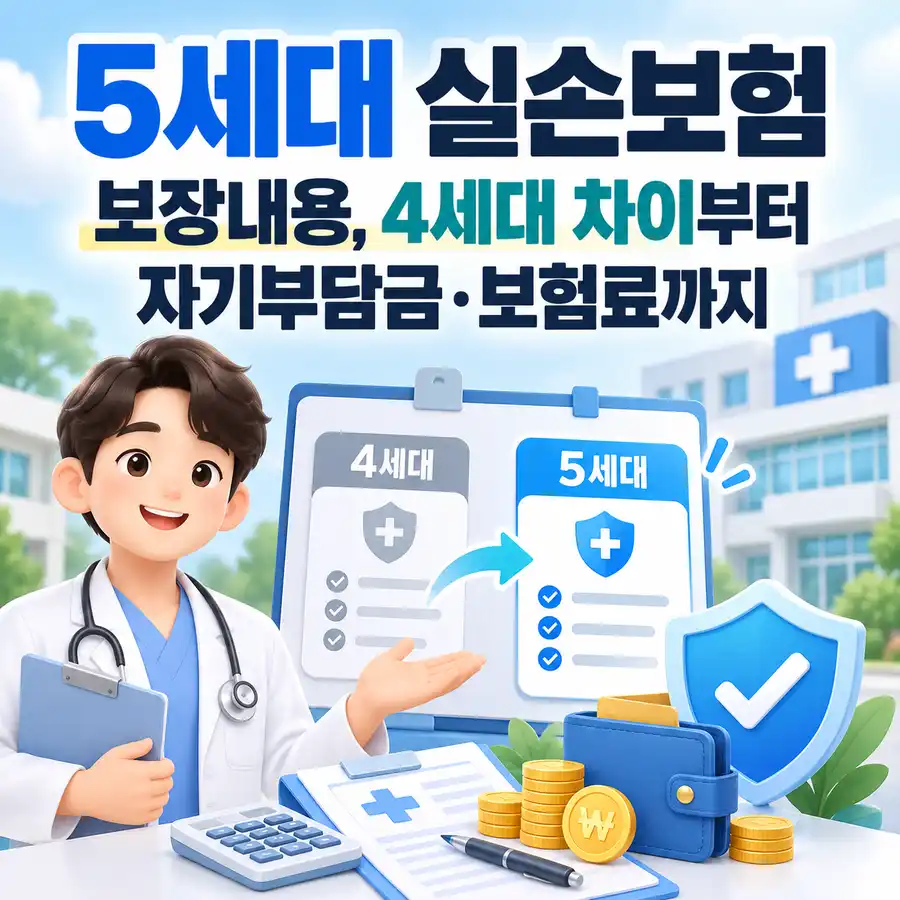 5세대 실손보험 보장내용과 4세대 차이, 자기부담금과 보험료를 비교하는 이미지