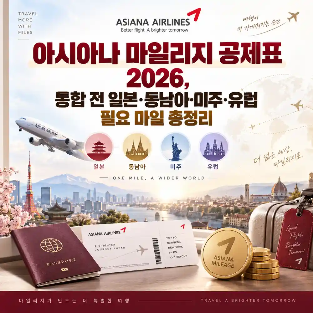 아시아나 마일리지 공제표와 일본·동남아·미주·유럽 필요 마일을 정리한 이미지