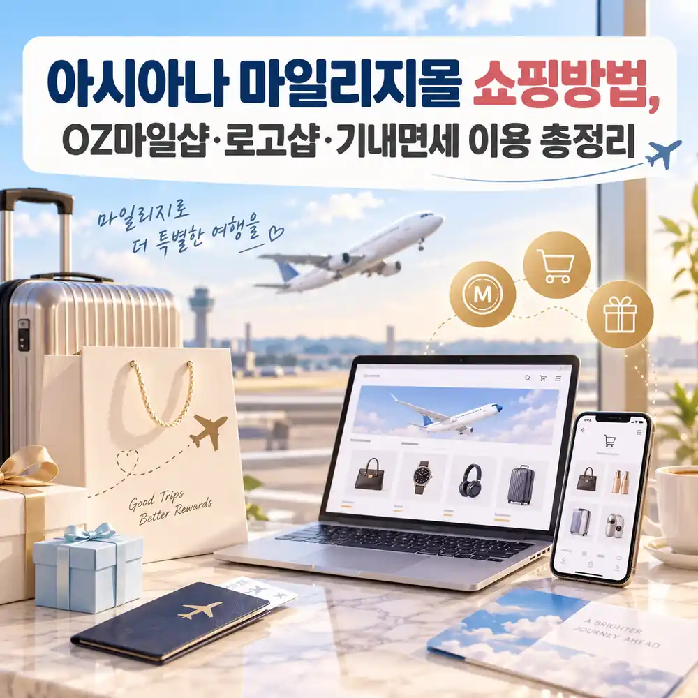 아시아나 마일리지몰에서 OZ마일샵, 로고샵, 기내면세를 이용하는 방법을 정리한 이미지