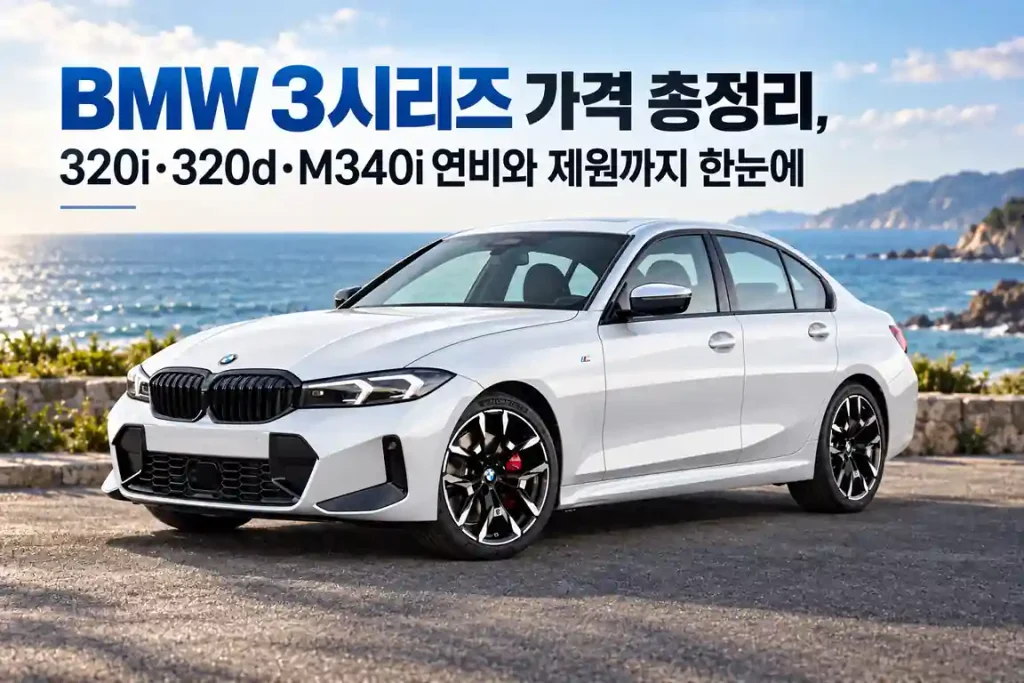 BMW 3시리즈 가격과 320i·320d·M340i 정보를 소개하는 흰색 세단 이미지