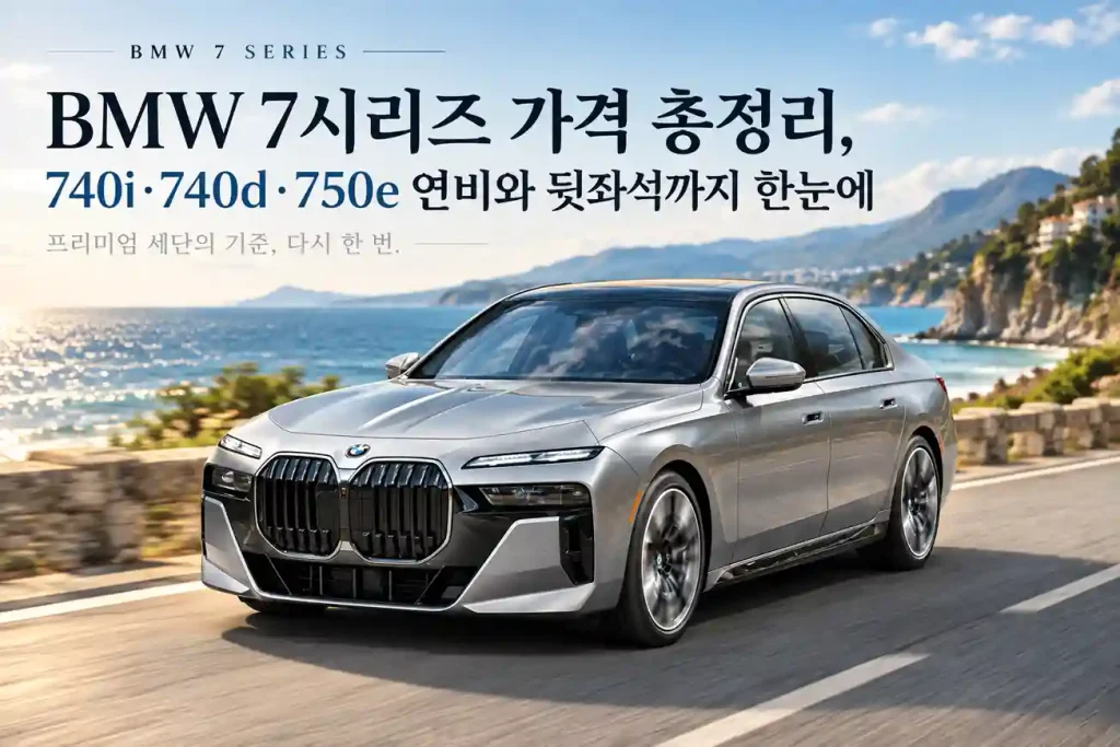 BMW 7시리즈 가격과 740i·740d·750e 정보를 소개하는 은색 세단 이미지