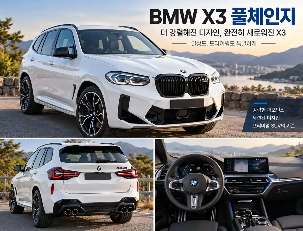 BMW X3 풀체인지 흰색 SUV의 전면과 후면, 실내 모습을 함께 보여주는 이미지
