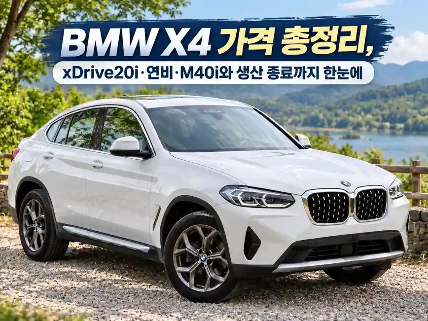 BMW X4 가격과 xDrive20i·연비·M40i 정보를 소개하는 흰색 차량 이미지