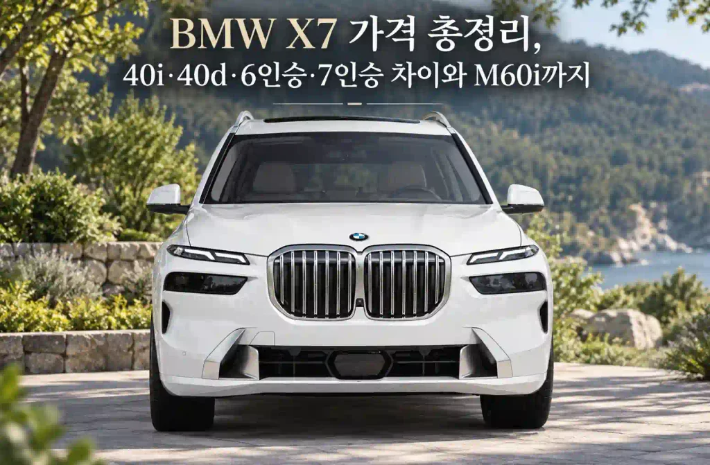BMW X7 가격과 40i·40d·6인승·7인승 차이를 소개하는 흰색 차량 이미지