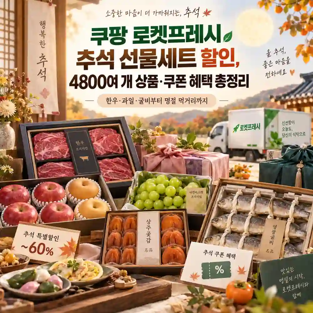 쿠팡 로켓프레시 추석 선물세트 할인과 쿠폰 혜택을 정리한 이미지