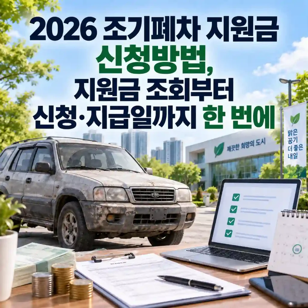 2026 조기폐차 지원금 신청방법과 지원금 조회부터 신청·지급일까지 안내하는 이미지