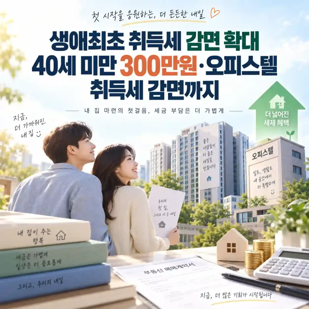 생애최초 취득세 감면 확대와 40세 미만 300만원, 오피스텔 취득세 감면 내용을 보여주는 이미지