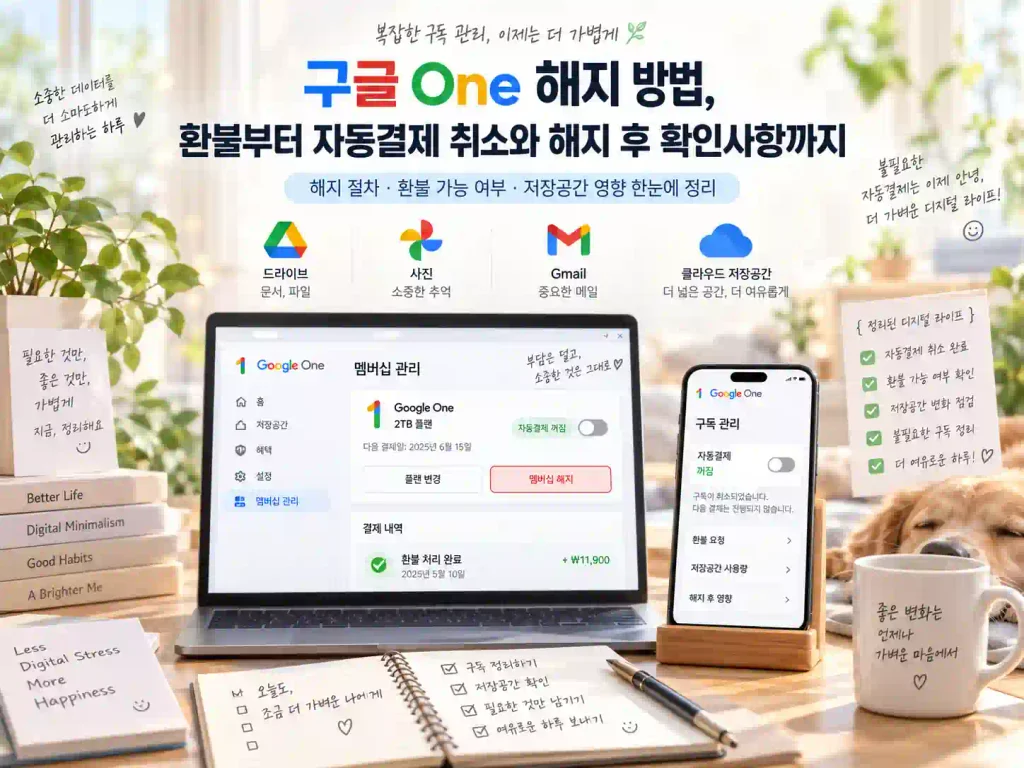 구글 One 해지 방법과 환불, 자동결제 취소 내용을 정리한 이미지