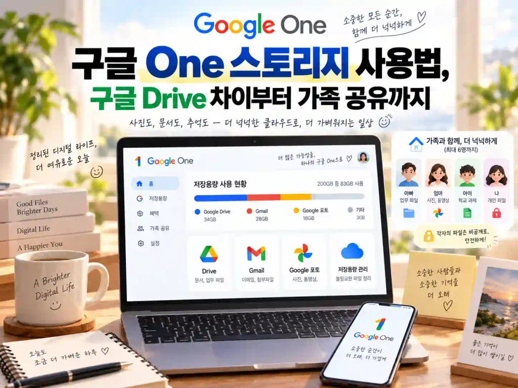 구글 One 스토리지 사용법과 구글 Drive 차이, 가족 공유를 정리한 이미지